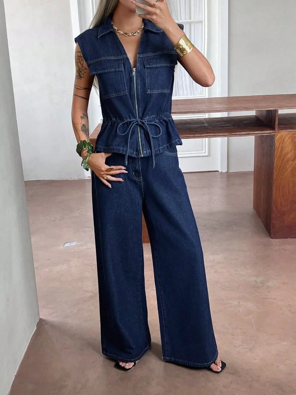 Blue Casual Women's Drawstring Waist Sleeveless Top And Jeans Pants Set